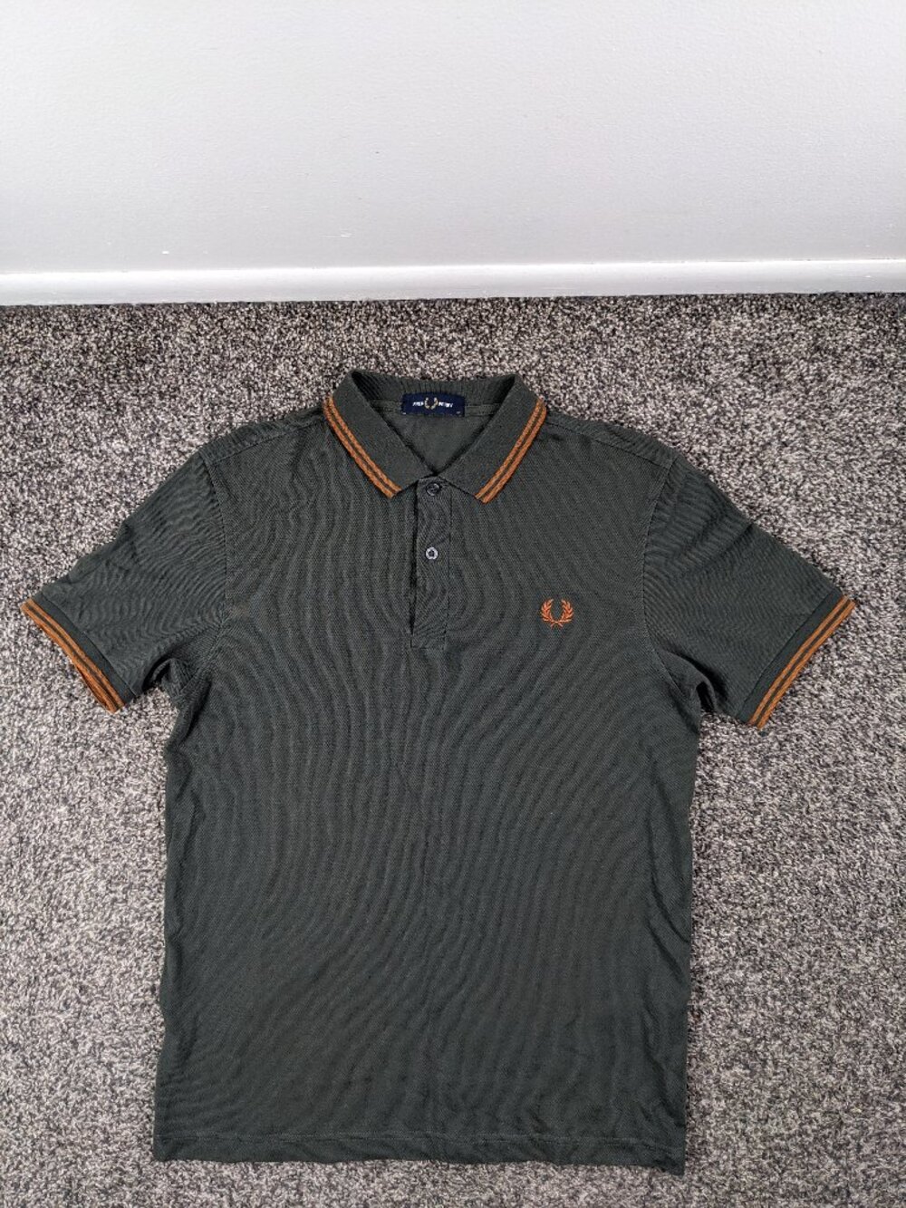 Fred Perry Polo Shirt Pique Cotton Twin Tipped Olive Green Orange Mens Medium